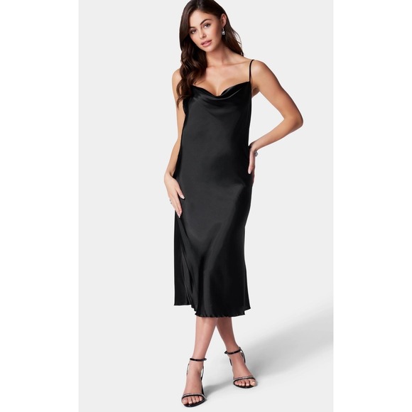 Bebe Black Slip Dress Cowl Neck Midi Party Cocktail Dress Women's Size XS Black - Picture 1 of 7